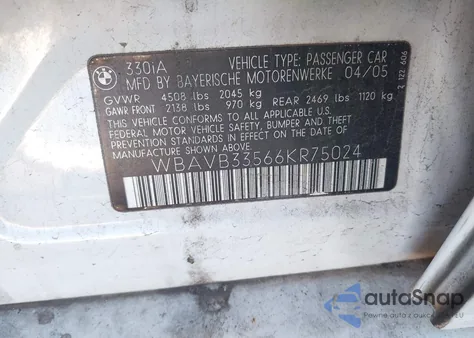 2006 BMW 330I из США, поврежденный, VIN WBAVB33566KR75024